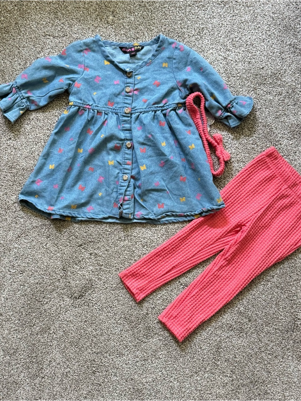Denim Blue Butterfly Button-Front Dress with Pink Leggings Set 24 Months